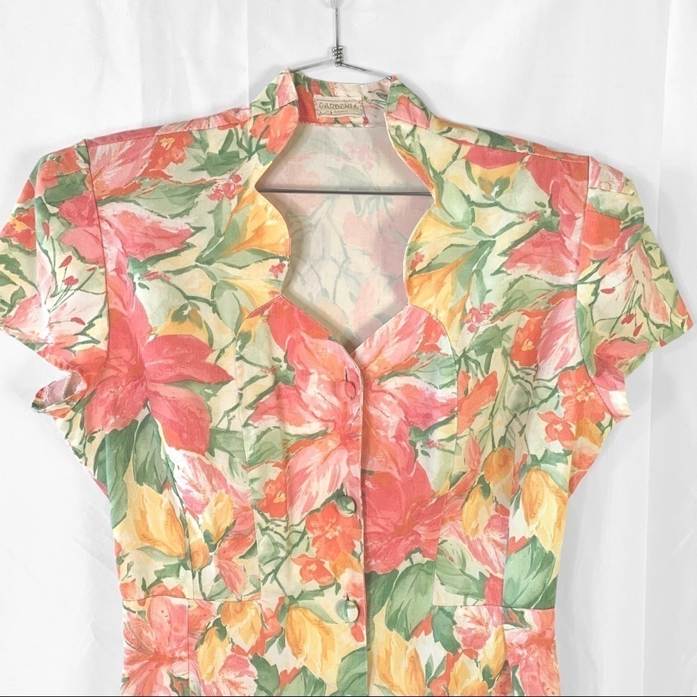 VINTAGE GARDANIA PARIS FLORAL  MULTICOLOUR BUTTON UP DRESS SHORT SLEEVES MEDIUM - Picture 6 of 17